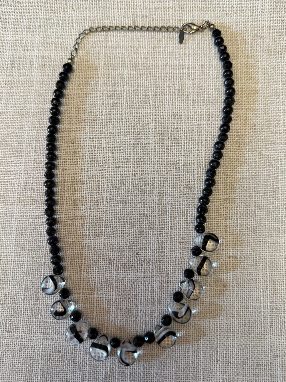 Vintage EsMor Black Beaded Necklace with Clear Accent Beads - Murano style!